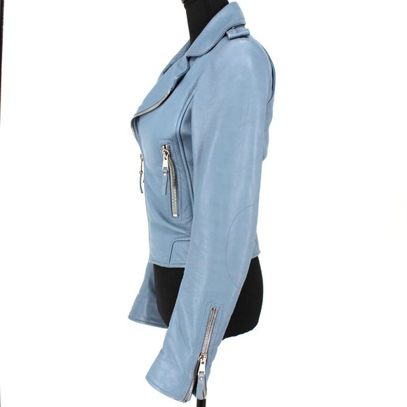 Balenciaga Leather Jacket Light Blue Lamb Moto Biker Silver Zip Jacket 36 Small - Picture 5 of 8